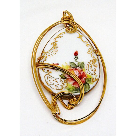 Artisan Signed Porcelain Rose Pendant With Gold Wire Wrap New - Picture 1 of 2